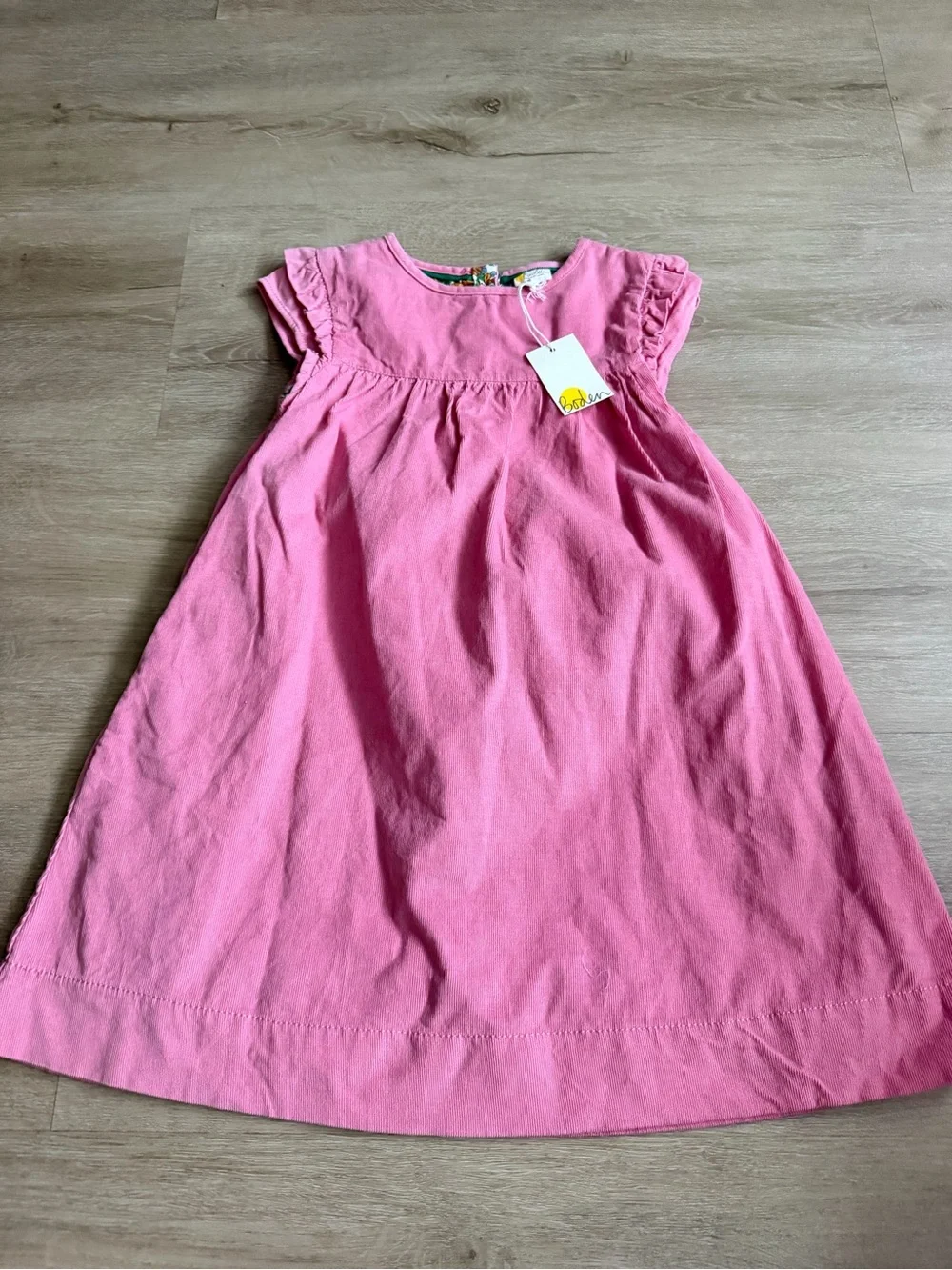 Mini Boden 6-7Y Dress Girls Pink Corduroy Ruffle Sleeve Floral Lined Dress NWT